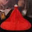 Amazing / Unique Red Beading Sequins Lace Flower Royal Train Wedding Dresses 2025 Ball Gown Off-The-Shoulder Short Sleeve Backless Tulle Wedding