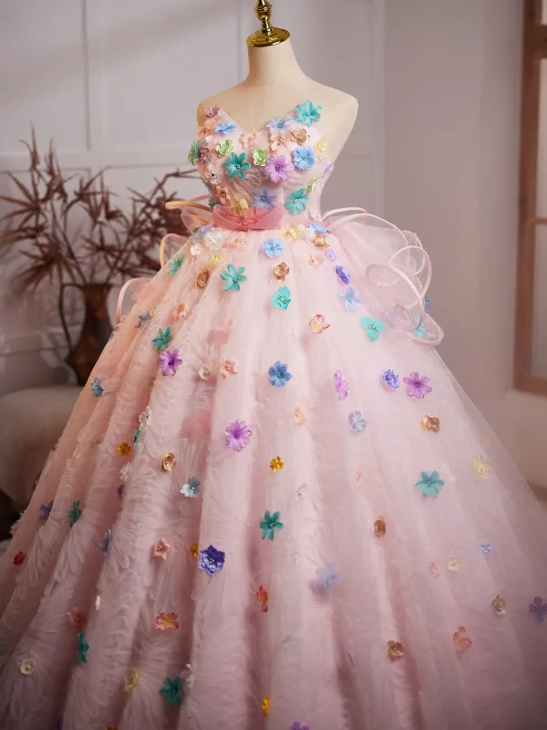 Blumenfee Rosa Multifarben Applikationen Geburtstag Ballkleider 2025 Ballkleid Bandeau Ärmellos Rückenfreies Sweep / Pinsel Zug Festliche Kleider