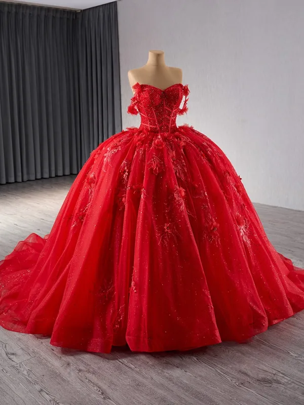 Haut de Gamme Rouge Perlage Perle Paillettes En Dentelle Fleur Appliques Robe De Bal 2024 Robe Boule De l'épaule Sans Manches Dos Nu Chapel Train Promo