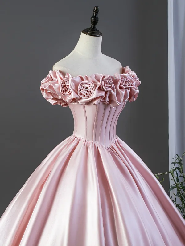 Charmant Rougissant Rose Satin Robe De Bal 2026 Robe Boule Volants De l'épaule Manches Courtes Dos Nu