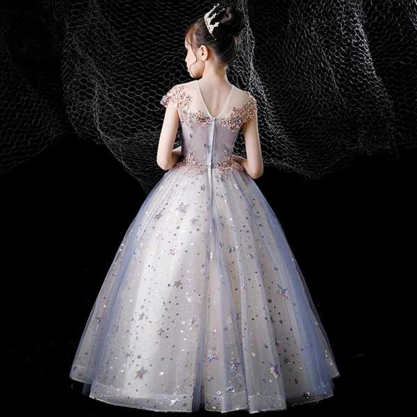 Charmant Bleu Ciel Perlage Étoile Paillettes Anniversaire Robe Ceremonie Fille 2022 Robe Boule Encolure Dégagée Sans Manches Dos Nu Longue Robe Ceremonie Fille