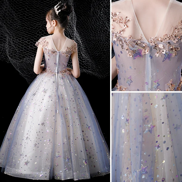 Charmant Bleu Ciel Perlage Étoile Paillettes Anniversaire Robe Ceremonie Fille 2022 Robe Boule Encolure Dégagée Sans Manches Dos Nu Longue Robe Ceremonie Fille