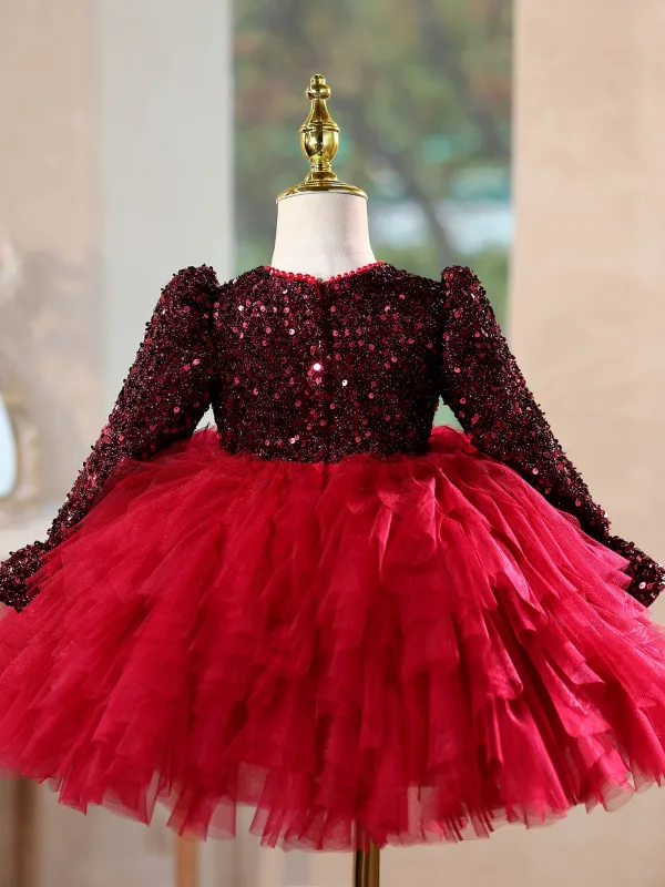 Charming Burgundy Sequins Pleated Short Birthday Flower Girl Dresses 2025 Ball Gown Scoop Neck Long Sleeve