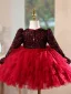 Charming Burgundy Sequins Pleated Short Birthday Flower Girl Dresses 2025 Ball Gown Scoop Neck Long Sleeve