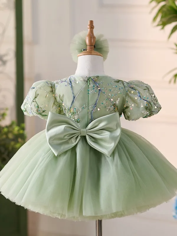 Chic / Beautiful Sage Green Lace Flower Sequins Bow Birthday Short Flower Girl Dresses 2024 Ball Gown Scoop Neck Puffy Short Sleeve