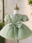 Chic / Beautiful Sage Green Lace Flower Sequins Bow Birthday Short Flower Girl Dresses 2024 Ball Gown Scoop Neck Puffy Short Sleeve