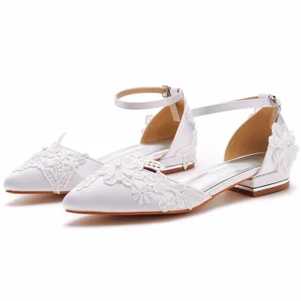 Chic Beautiful White Lace Flower Flat Wedding Shoes 2023 Ankle Strap Pointed Toe Wedding Shoes