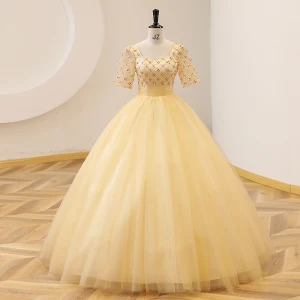 Élégant Jaune Robe De Bal 2022 Robe Boule Encolure Carrée Perle Paillettes Manches Courtes Dos Nu Longue Promo Robe De Ceremonie