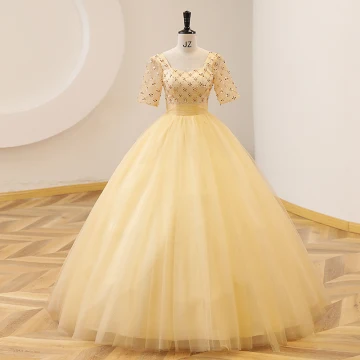 Elegant Yellow Prom Dresses 2022 Ball Gown Square Neckline Pearl Sequins Short Sleeve Backless Floor Length Long Prom Formal Dresses