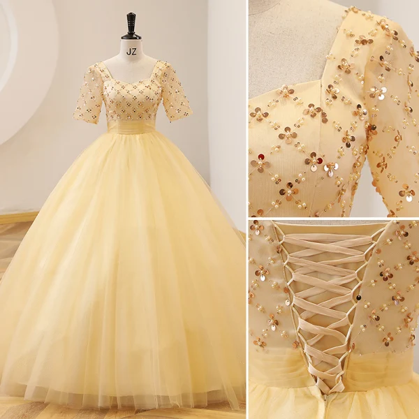 Elegant Yellow Prom Dresses 2022 Ball Gown Square Neckline Pearl Sequins Short Sleeve Backless Floor-Length / Long Prom Formal Dresses