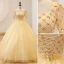 Elegant Yellow Prom Dresses 2022 Ball Gown Square Neckline Pearl Sequins Short Sleeve Backless Floor-Length / Long Prom Formal Dresses