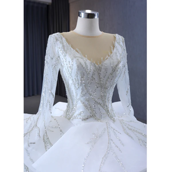 Luxury / Gorgeous Charming White Beading Sequins Cascading Ruffles Wedding Dresses 2023 Ball Gown Scoop Neck Long Sleeve Backless Chapel Train Wedding
