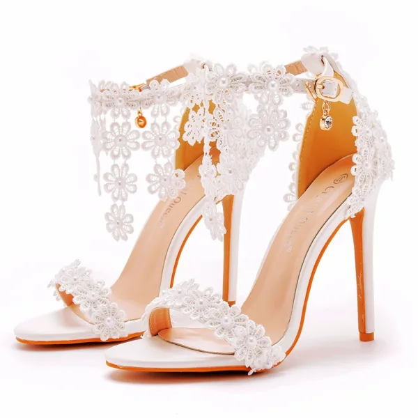 Sexy White Pearl Lace Flower Ankle Strap Wedding Shoes 2025 11 cm Stiletto Heels Open / Peep Toe Wedding Sandals High Heels