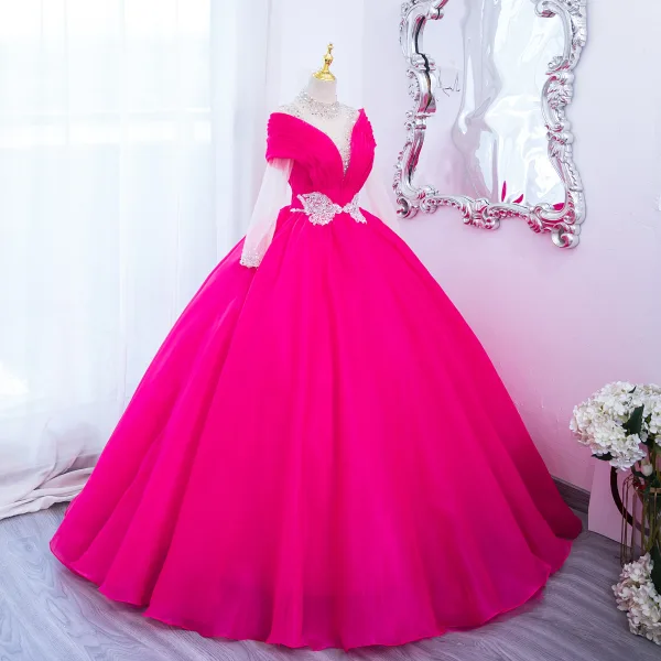 Fancy Fuchsia Beading Butterfly Sequins Prom Dresses 2024 Ball Gown High Neck Long Sleeve Backless Floor-Length / Long Prom Formal Dresses
