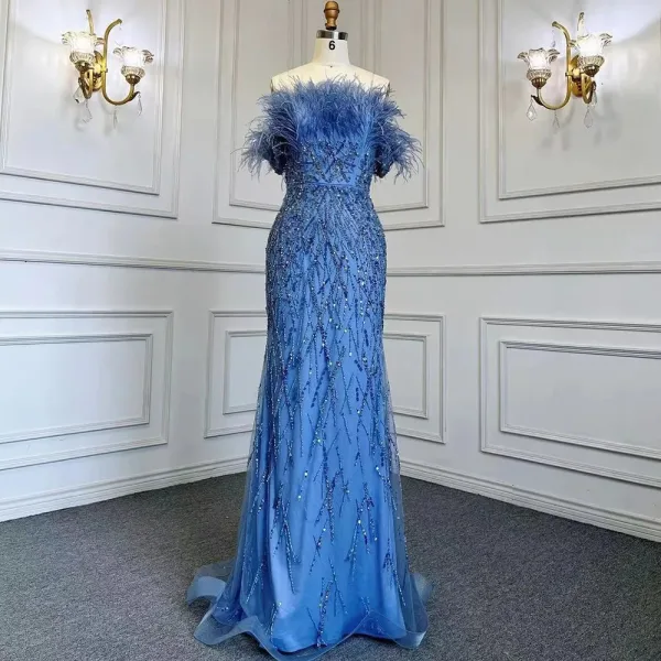 High End Meeresblau Handgefertigt Perlenstickerei Pailletten Gespaltete Front Ballkleider 2024 Meerjungfrau Bandeau Kurze Ärmel Rückenfreies Lange Ball Festliche Kleider