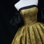 Vintage / Retro Gold Printing Prom Dresses 2022 Ball Gown Satin Strapless Puffy Short Sleeve Backless Floor-Length / Long Formal Dresses