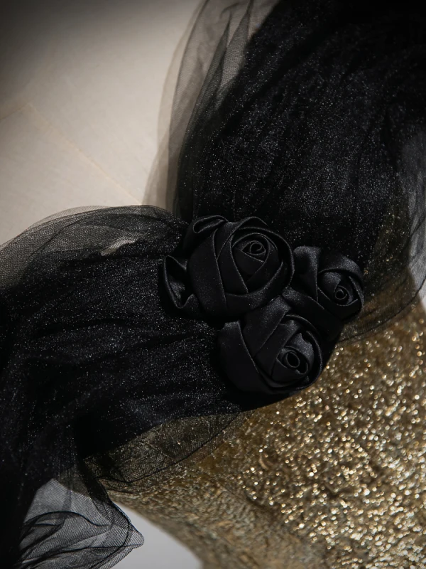 Sparkly Black Gold Glitter Prom Dresses Ball Gown 2023 Off-The-Shoulder Sleeveless Backless Floor-Length / Long Prom Formal Dresses