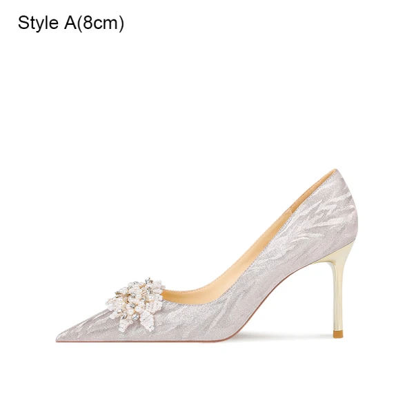 Chic / Beautiful Champagne Pearl Rhinestone Wedding Shoes 2023 Leather 8 cm Stiletto Heels Pointed Toe Wedding Pumps High Heels