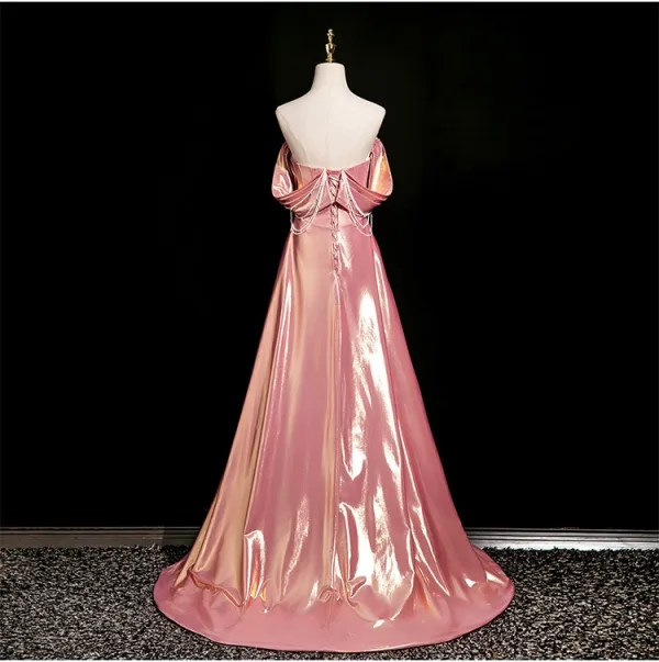 Schöne Rosa Perlenstickerei Applikationen Ballkleider 2025 A Linie Off Shoulder Ärmellos Rückenfreies Sweep / Pinsel Zug Ball Festliche Kleider