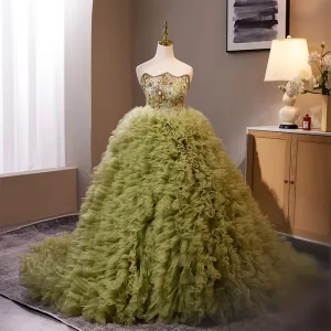 Chic Belle Vert Cendré Perlage Paillettes Plissée Robe De Bal 2024 Robe Boule Bustier Sans Manches Dos Nu Train De Balayage Promo Robe De Ceremonie
