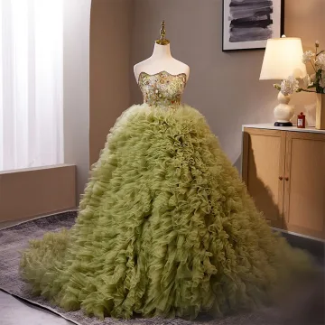 Chic Beautiful Sage Green Beading Sequins Pleated Prom Dresses 2024 Ball Gown Strapless Sleeveless Backless Sweep Train Prom Formal Dresses