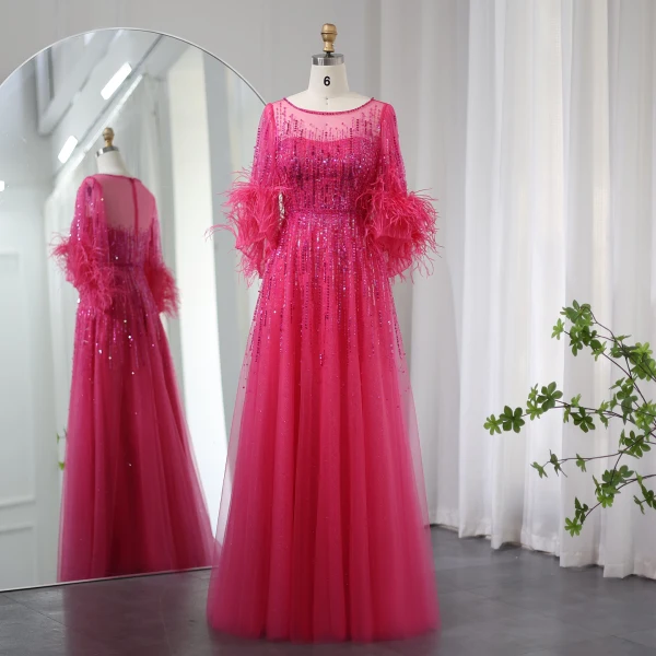 High-end Black Handmade Beading Sequins Feather Prom Dresses 2024 A-Line / Princess Scoop Neck 1/2 Sleeves Floor-Length / Long Prom Formal Dresses