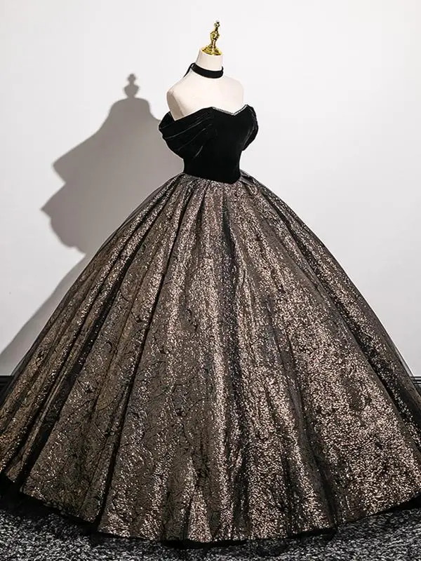 Classy Black Glitter Prom Dresses 2025 Ball Gown Off-The-Shoulder Sleeveless Backless Floor-Length / Long Prom Formal Dresses