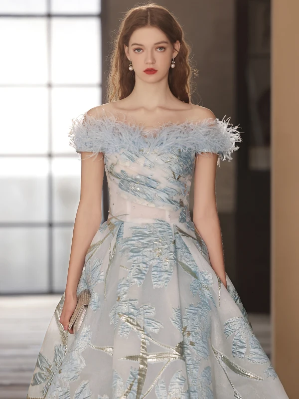 Chic / Beautiful Sky Blue Pearl Prom Dresses 2023 A-Line / Princess Off-The-Shoulder Tassel Sleeveless Backless Floor-Length / Long Prom Formal Dresses