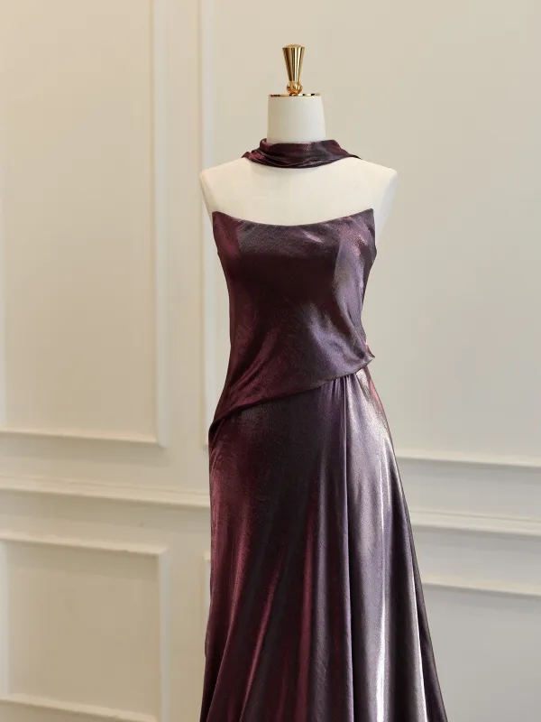 High End Traube Satin Ballkleider 2026 A Linie Bandeau Ärmellos Rückenfreies Sweep / Pinsel Zug Festliche Kleider