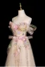 Charming Champagne Appliques Sequins Lace Flower Prom Dresses 2025 A-Line / Princess Strapless Sleeveless Backless Floor-Length / Long Prom Formal Dresses