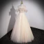 Charming Champagne Beading Appliques Prom Dresses 2023 A-Line / Princess Off-The-Shoulder Short Sleeve Backless Floor-Length / Long Prom Formal Dresses