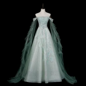 Mode Vert Citron Perlage Faux Diamant Paillettes Robe De Bal 2026 Princesse De L Épaule Sans Manches Dos Nu Longue Robe De Ceremonie