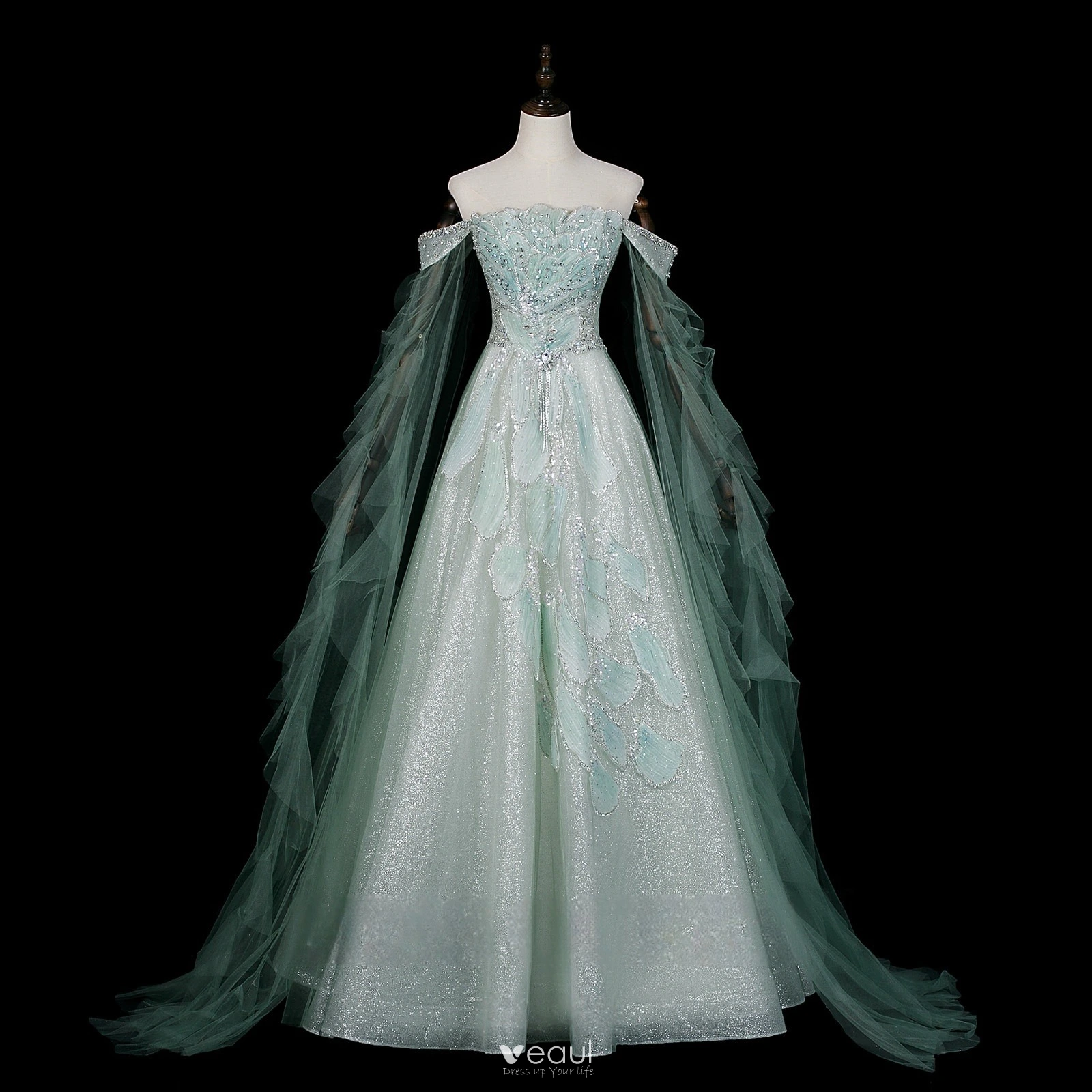 anthropologie green silk dress Lace-Up Long A-Line Prom Dress with Side Pockets– PromGirl main image 0