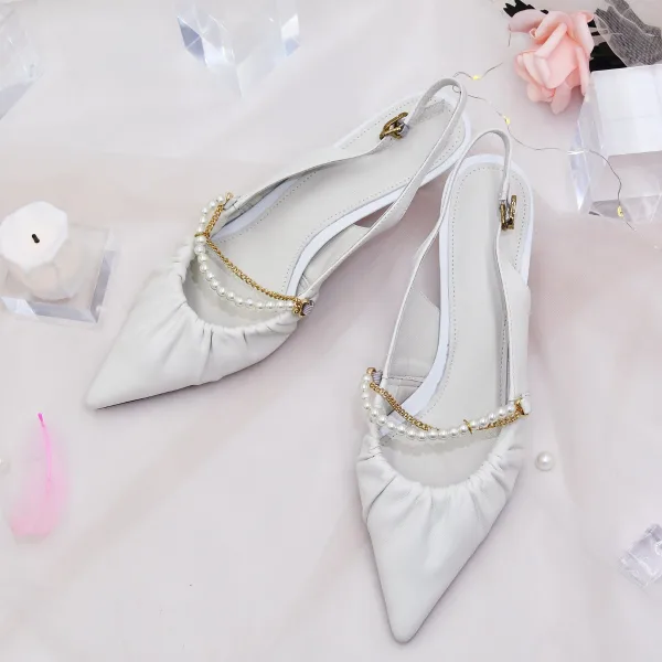 Chic / Beautiful White Leather Pearl Wedding Shoes 2022 5 cm Stiletto Heels Pointed Toe Wedding High Heels
