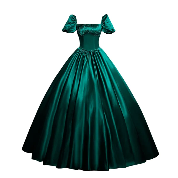 Vintage / Retro Dark Green Satin Prom Dresses 2024 Ball Gown Square Neckline Short Sleeve Backless Bow Floor-Length / Long Prom Formal Dresses