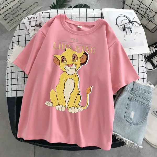 Fashion Casual Summer Black Printing Lion Loose Women T-Shirts 2021 Scoop Neck 1/2 Sleeves Tee Tops