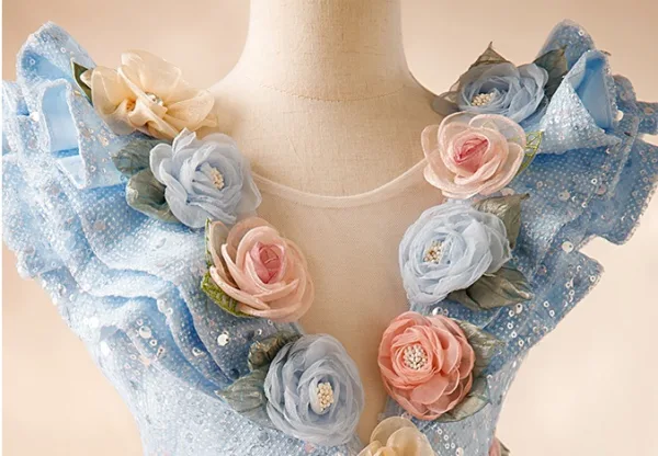 Chic / Beautiful Sky Blue Birthday Sequins Cascading Ruffles Appliques Flower Girl Dresses 2024 Ball Gown Scoop Neck Sleeveless Backless Floor-Length / Long