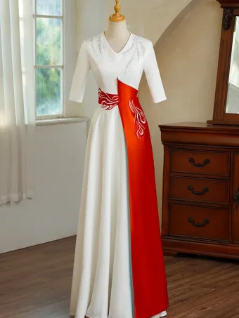 Vintage Originale Blanche Deux Tons Robe De Bal 2025 Princesse V Cou 1 2 Manches Longue Promo Robe De Ceremonie