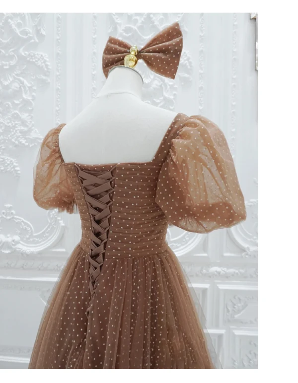 Vintage / Retro Brown Princess Prom Dresses 2021 Square Neckline Crossed Straps Floor-Length / Long Ruffle Tulle Satin Short Sleeve Formal Dresses