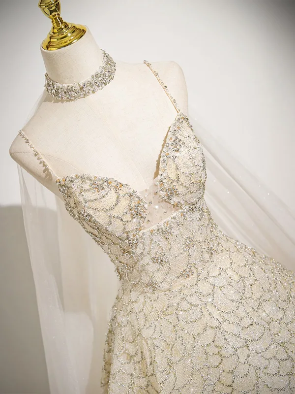 Bling Bling Champagne Beading Sequins Prom Dresses 2025 Ball Gown Spaghetti Straps Sleeveless Backless Sweep Train Prom Formal Dresses