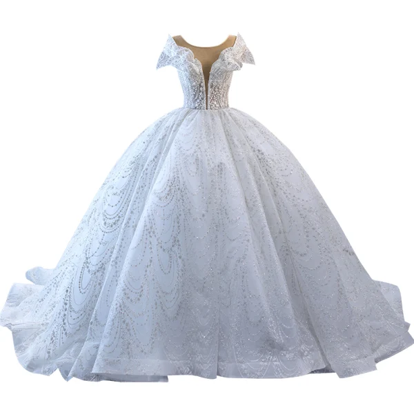 High End Weiß Handgefertigt Perlenstickerei Perle Pailletten Brautkleider / Hochzeitskleider 2023 Ballkleid Rundhalsausschnitt Kurze Ärmel Rückenfreies Kapelle-Schleppe Hochzeit