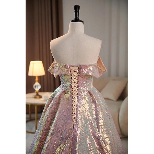 Sparkly Sequins Rose Gold Prom Dresses 2023 A-Line Princess Off-The-Shoulder Sleeveless