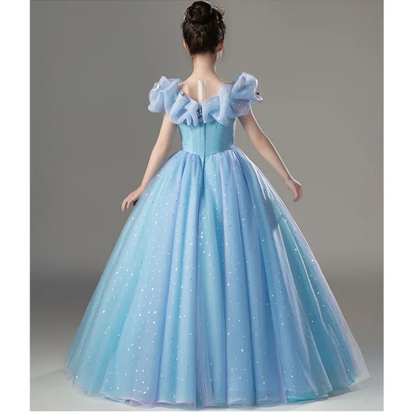 Cinderella Sky Blue Birthday Flower Girl Dresses Ball Gown 2022 Scoop Neck Lace Butterfly Sequins Star Short Sleeve Floor-Length / Long Flower Girl Dresses