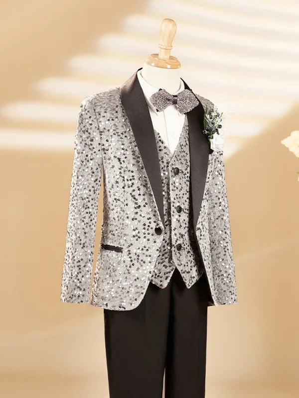 Bling Bling Grey Fall Winter 6-piece Sequins Long Sleeve Boys Wedding Suits 2025 Body Jewellery Coat Pants Shirt Tie Vest