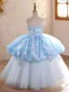 Fashion Sky Blue Beading Star Sequins Birthday Flower Girl Dresses 2026 Ball Gown Scoop Neck Sleeveless Backless Floor-Length / Long Tulle