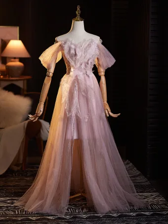 Chic Beautiful Blushing Pink Pearl Rhinestone Sequins Appliques Split Front Prom Dresses 2025 A Line Princess Off The Shoulder Sleeveless Backless Floor Length Long Prom Formal Dresses