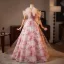 Fashion Blushing Pink Bow Printing Prom Dresses 2025 Ball Gown Off-The-Shoulder Short Sleeve Backless Floor-Length / Long Prom Formal Dresses