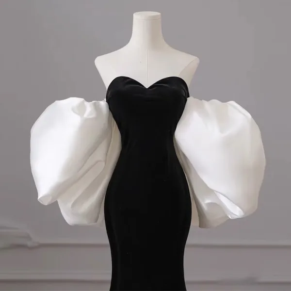 Modest  Black Evening Dresses 2023 Trumpet / Mermaid Strapless Puffy Short Sleeve Backless Floor-Length / Long Evening Party Formal Dresses