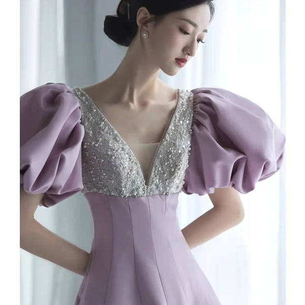 Elegant Lavender Glitter Pearl Sequins Prom Dresses 2022 A-Line / Princess V-Neck Puffy Short Sleeve Backless Floor-Length / Long Formal Dresses