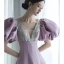 Elegant Lavender Glitter Pearl Sequins Prom Dresses 2022 A-Line / Princess V-Neck Puffy Short Sleeve Backless Floor-Length / Long Formal Dresses